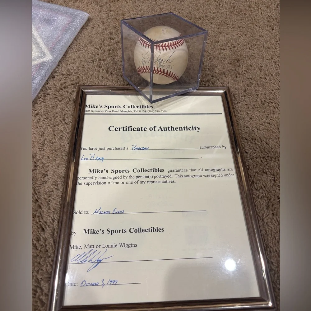 Autographed Lou Brock Baseball with Certificate Framed Display - White/Red